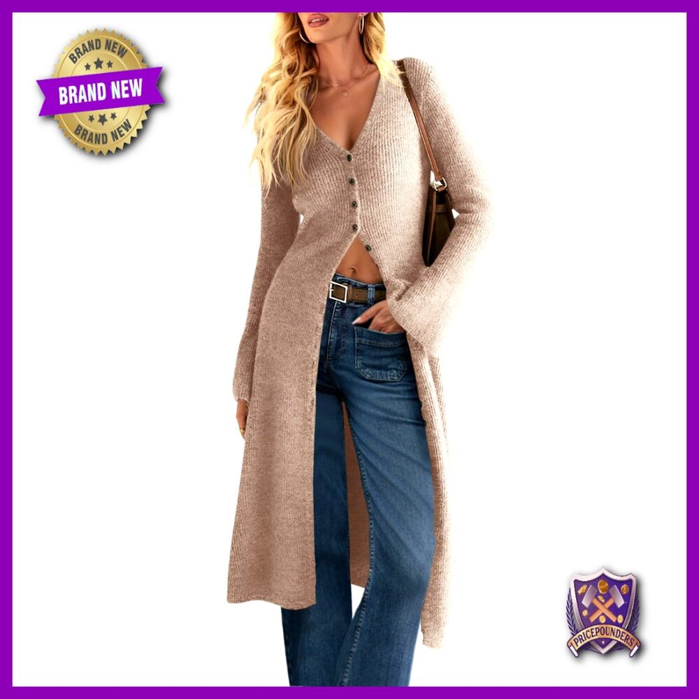 Oversized Long Cardigan Sweater With Bell Sleeves, Open Front Button Down